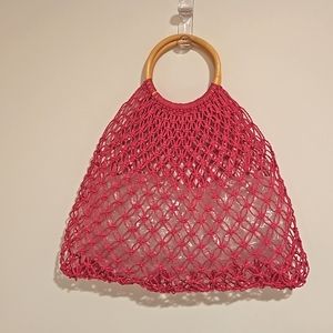 Pink magenta mesh tote circular wooden handle Beach Work Books Grocery Recycle